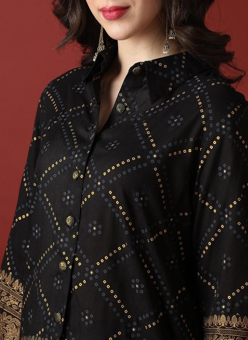 Globus Women Black Collared Neck Gold Foil Bandhani Print Shirt With Palazzos Fusion Co-Ord Set - Image 5